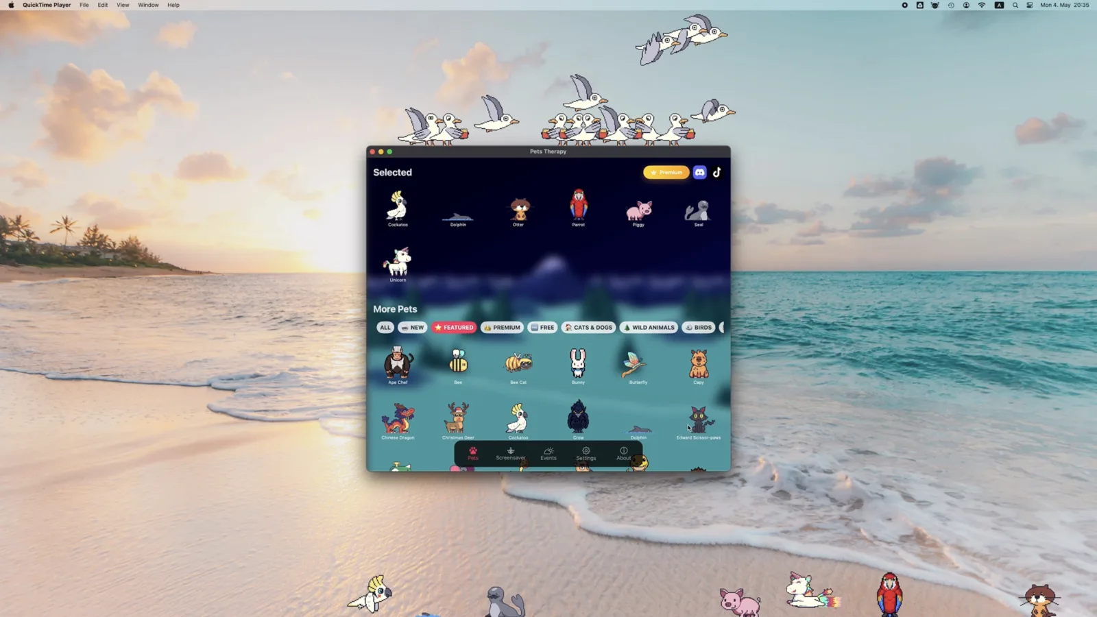 A flock of animated seagulls flying across a macOS desktop above the Pets Therapy pet picker