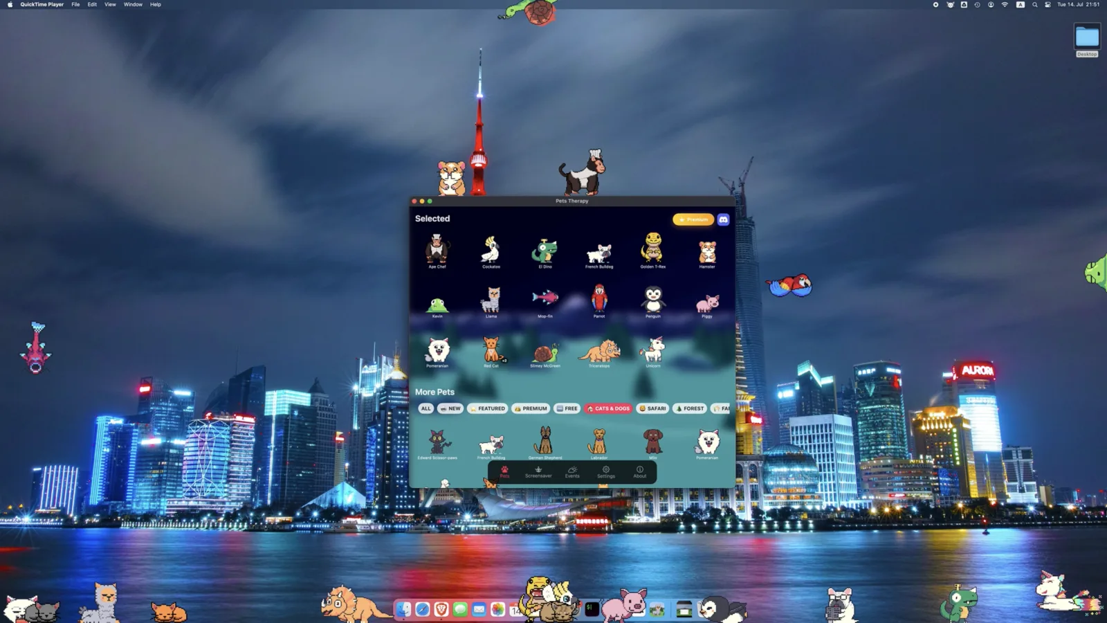 Pets Therapy in dark mode on macOS, showing selected pets over a night-time city skyline wallpaper
