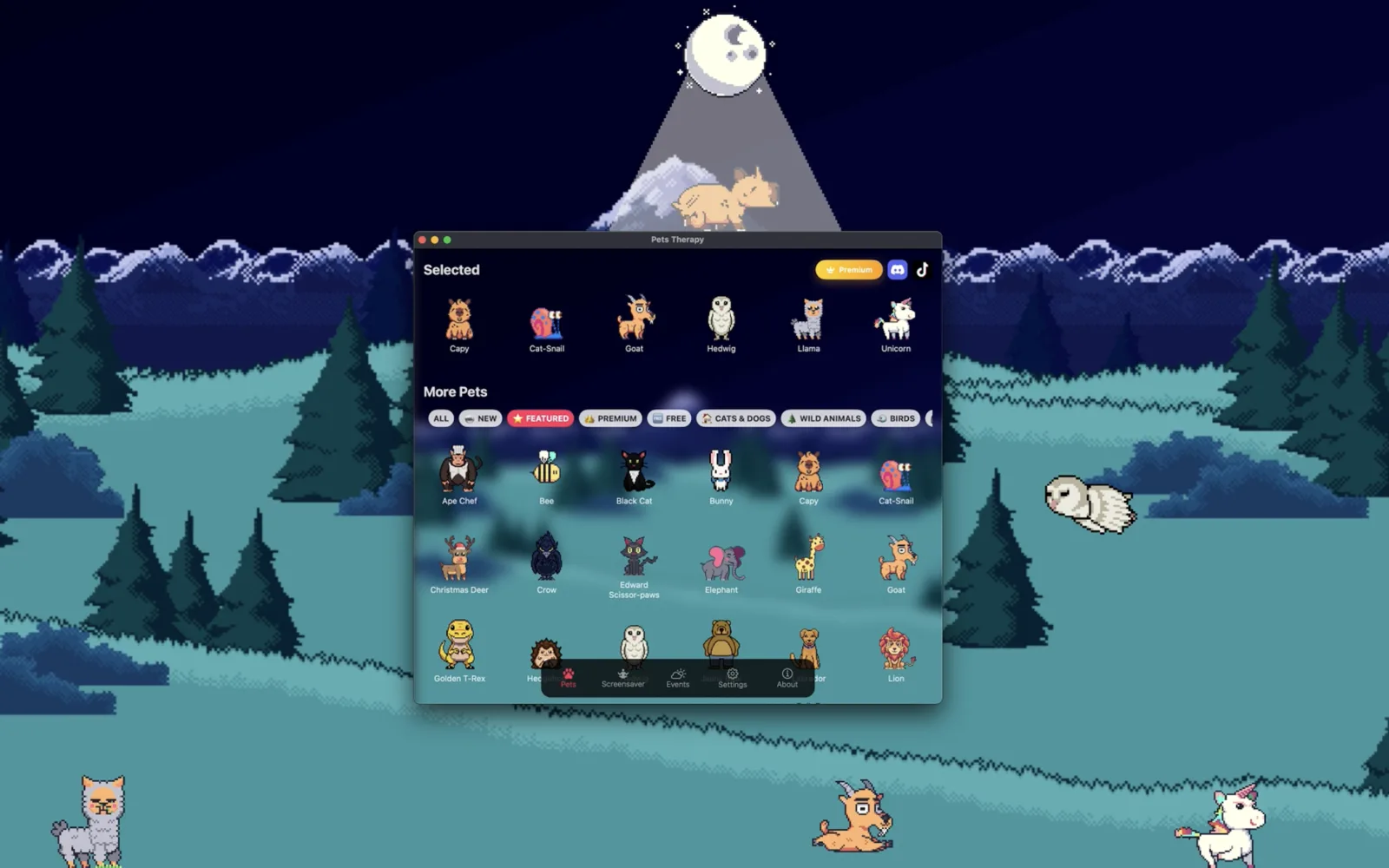 Pets Therapy on macOS over a pixel-art forest wallpaper at night, with a capybara, llama and unicorn selected