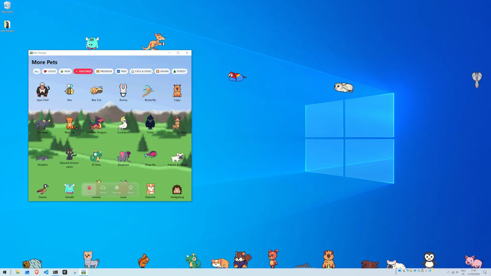 Pets Therapy on Windows with the pet picker open, and pets walking along the taskbar