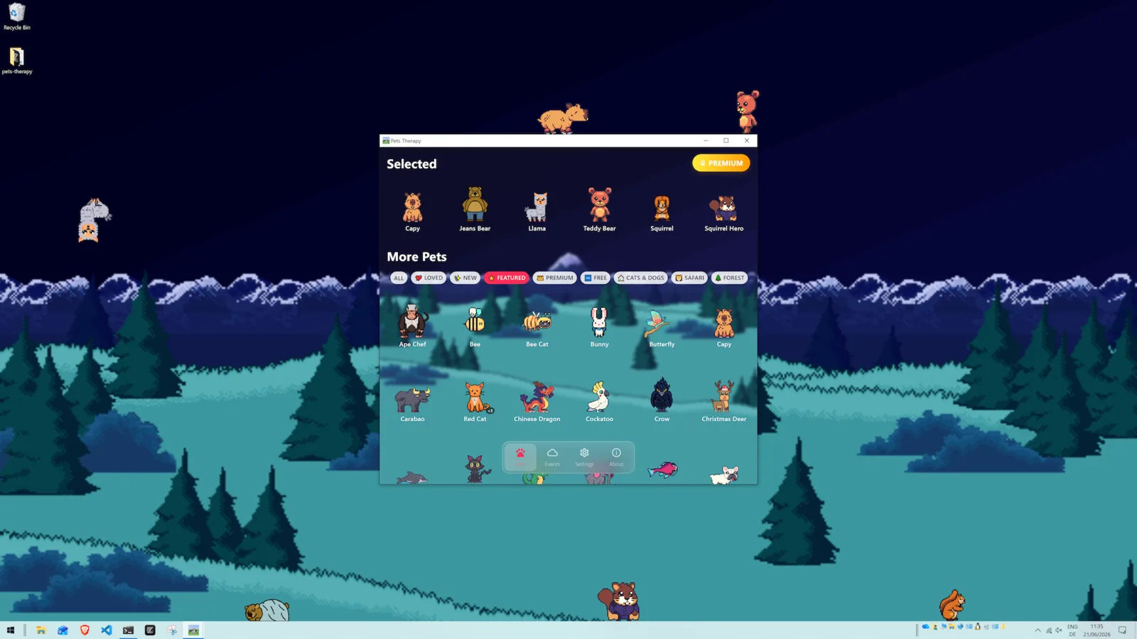 Pets Therapy on Windows in dark mode, with a capybara perched on the app window and pets clinging to the left and right screen edges