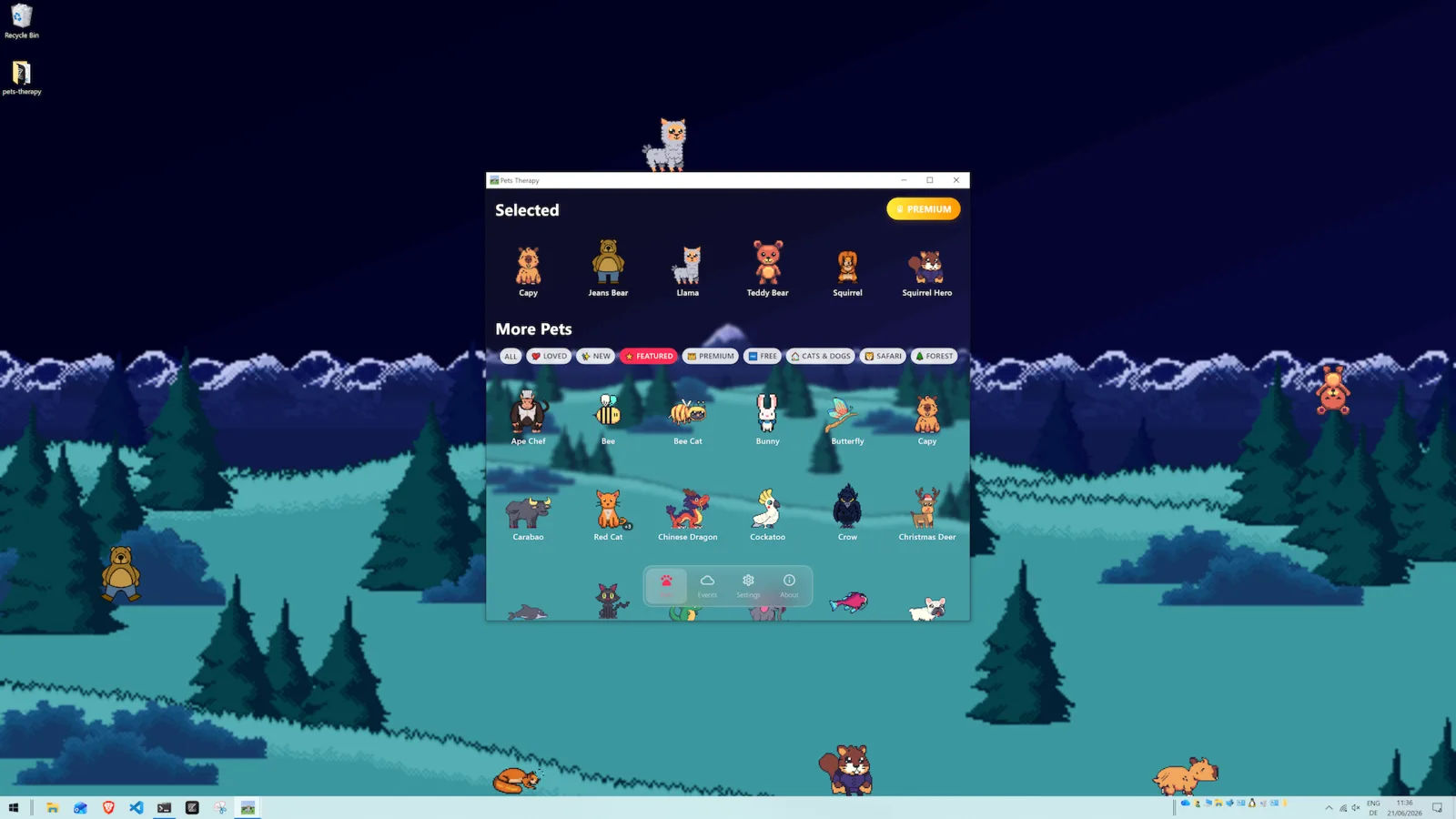 A llama standing on the Pets Therapy window while a fox, squirrel and cat walk along the Windows taskbar